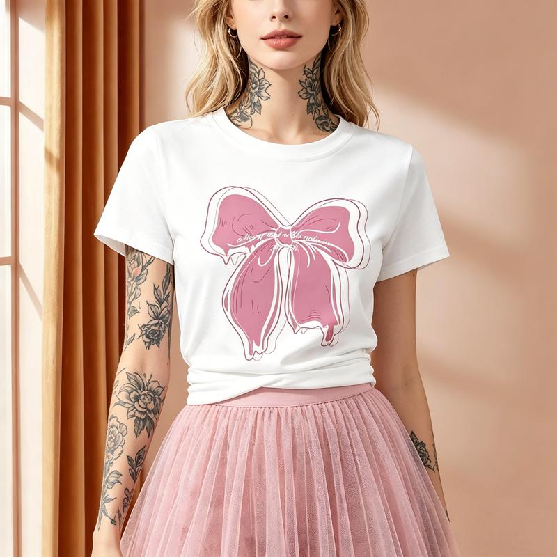 Women's Pink Drip Bow Printed Cotton T-Shirt - Short-Sleeve, Oversized, Soft, Breathable, Lightweight, Loose, Comfortable Coquette Aesthetic Casual Top
