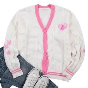 DUTUT Women‘s V Neck Tops Heart Sweaters Autumn Winter Longsleeve Love Sweaters Textured Stripe Taylor Embroidered Button Cardigan 1989 Womenswear