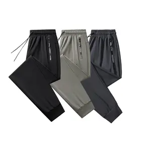 Men’s summer ice silk quick-dry jogger pants, nylon–spandex high stretch, zippered pockets, casual athletic sweatpants