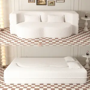 Modern Floor Folding Sofa with 2 Pillows, Convertible Teddy Fabric Foam-Filled Sleeper Sofa Bed, 15" Full Size Folding Mattress for Living Room,Guest Bed, No Assembly Required