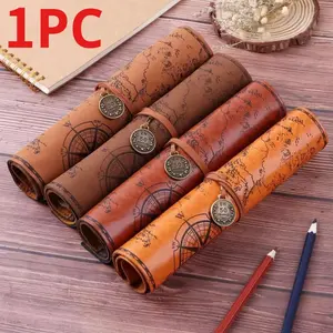 1PC Creative Treasure Map Retro Pencil Case Leather Large Capacity Roll Pencil Bag Embossed Buckle Simple Stationery Box Roll
