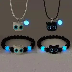 4PCSpcs Glow-in-the-Dark Cat Beaded Bracelets&Necklace- Vintage Cute Couple/Friendship Adjustable Jewelry with Elastic Black Beads& Cat Charms, Perfect for Christmas&Valentine's DayGifts