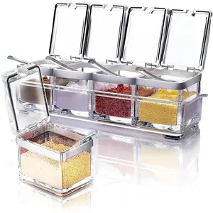 Acrylic Seasoning Box Set, 4 Piece Clear Premium Quality Storage Rack Spice Pots Condiment Jars for Salt Sugar Cruet Kitchen Organization Containers with Cover and Spoon