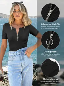 Women’s Ribbed Half Zip Short Sleeve Top, Slim Fit V Neck Zip Up Henley Shirt, Sexy Lightweight Going Out Summer Top