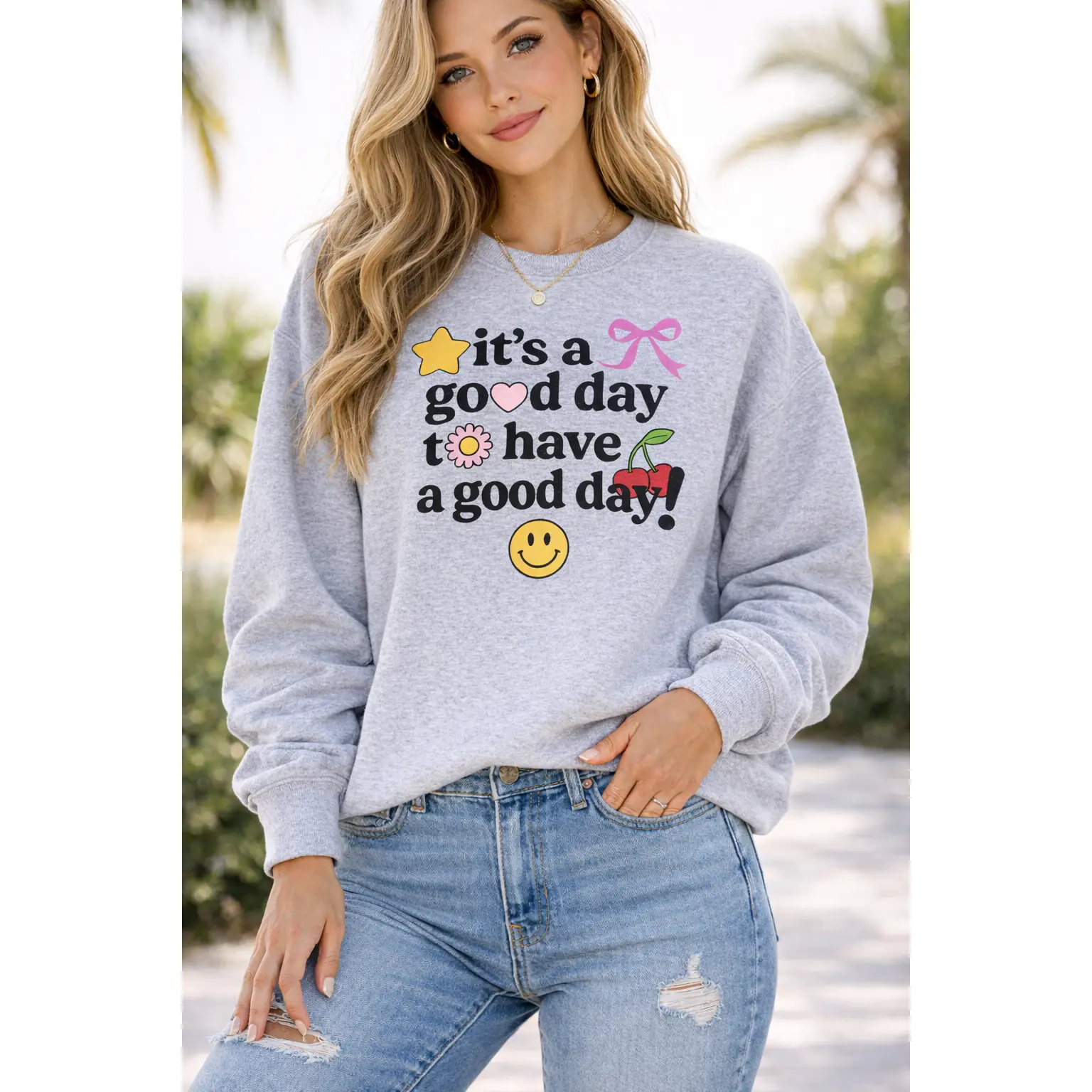 Women's Soft Fitted Longsleeves Cotton-Polyester Funny Graphic Sweatshirt - Round Neck Athletic Top with "It's a Good Day to Have" Statement Print, Everyday Casual Wear