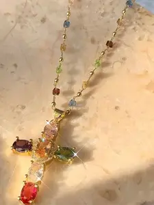 Rainbow Color Rhinestone Cross Pendant Necklace, Casual Alloy Chain, Perfect for Parties, Dates, Daily Wear, Gift Idea