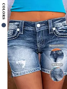 New Women's Summer Mid-Waist Elastic Casual Denim Shorts, Womenswear, Ripped Hot Pants, Fitted Jeans, Solid Style, Comfortable and Stylish, Casual Fashionable Shorts