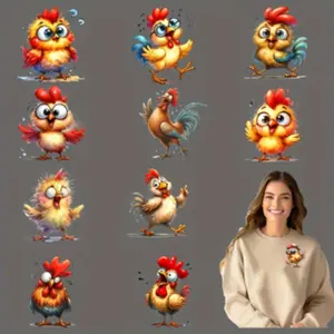 12pcs Cute Chicken DIY DTF Transfer Stickers, Washable Heat Transfer, No Iron, Multicolor, Made of Plastic, for T-Shirt, Mask, Jeans, Backpack