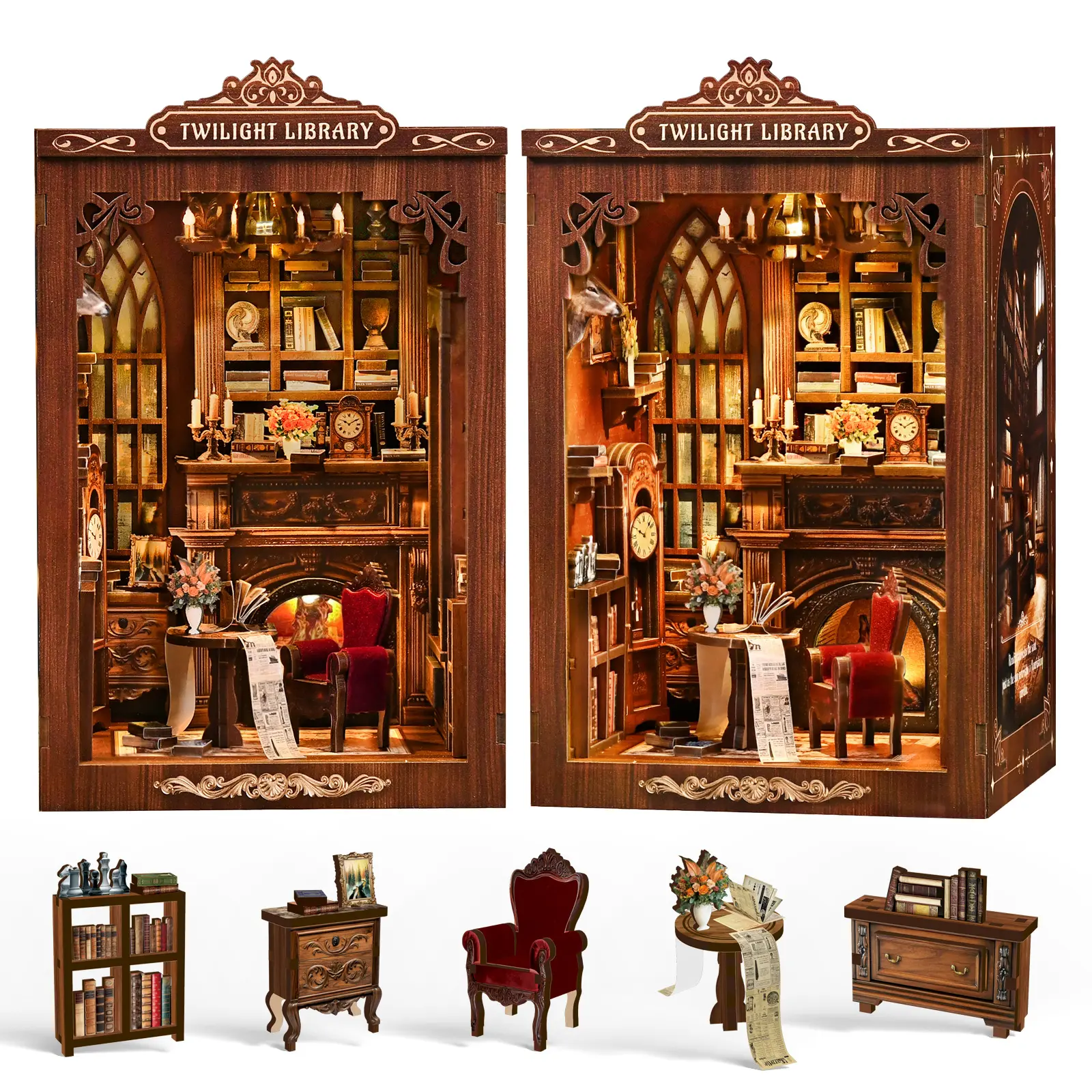 Book Nook DIY Kit for Adults, Tiny house Twilight Library 3D Hand-Assembled Toy House, Play House, Miniature Wooden Dollhouse, Victorian Dollhouse Birthday Gift, Miniature Furniture