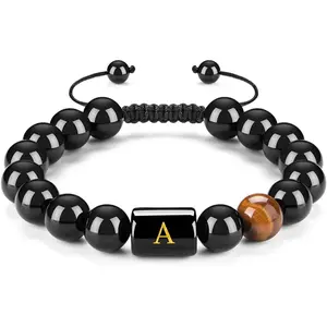 Initials Bracelets for Men Letter Link Handmade Natural Black Onyx Tiger Eye Stone Beads Braided Rope Meaningful Bracelet
