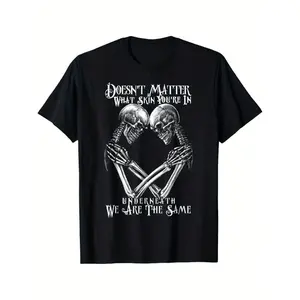 Unisex Gothic T-Shirt Featuring a Black Skull And Skeletal Hands, Designed for Both Men And Women. This Heavyweight Shirt Showcases an Equality Slogan with Interlocking Skeletons And a Heart Symbol, Plus Size