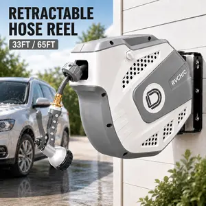 33FT/65FT Retractable Garden Hose Reel, Wall Mounted Auto Rewind Water Hose Reel with 180° Swivel Bracket, Slow Return System, 9-Pattern Spray Nozzle, Brass Fittings for Car Washing, Yard, Patio, Garden & Pet Cleaning