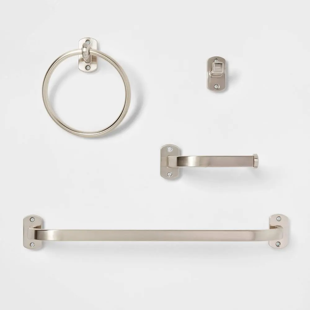 Modern 4-Pieces Bath Hardware Set Package, Brushed Nickel - Includes Towel & Robe Hook, Towel Ring, Tissue Holder