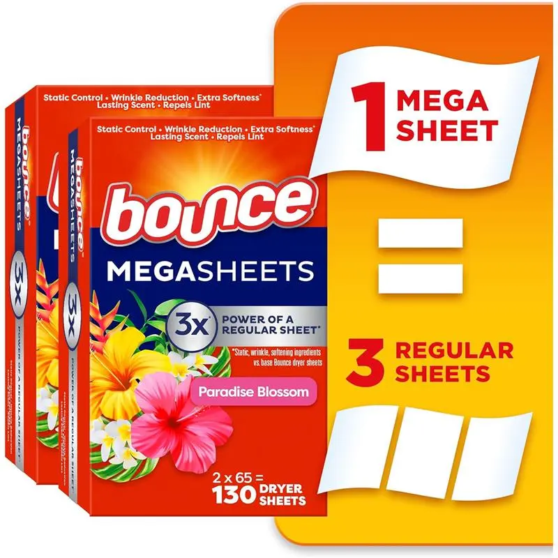 130 Count Mega Dryer Sheets Paradise Blossom Mega Fabric Softener Sheets with Static Control
