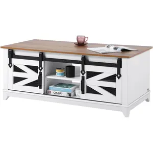 VEVOR 48" Farmhouse Coffee Table,  , Rectangle Coffee Table with 2 Sliding Barn Doors, 2 Tiers Wooden Rustic Table with Removable Shelves for Living Room, Bedroom, Apartment, or Studio, White & Natural