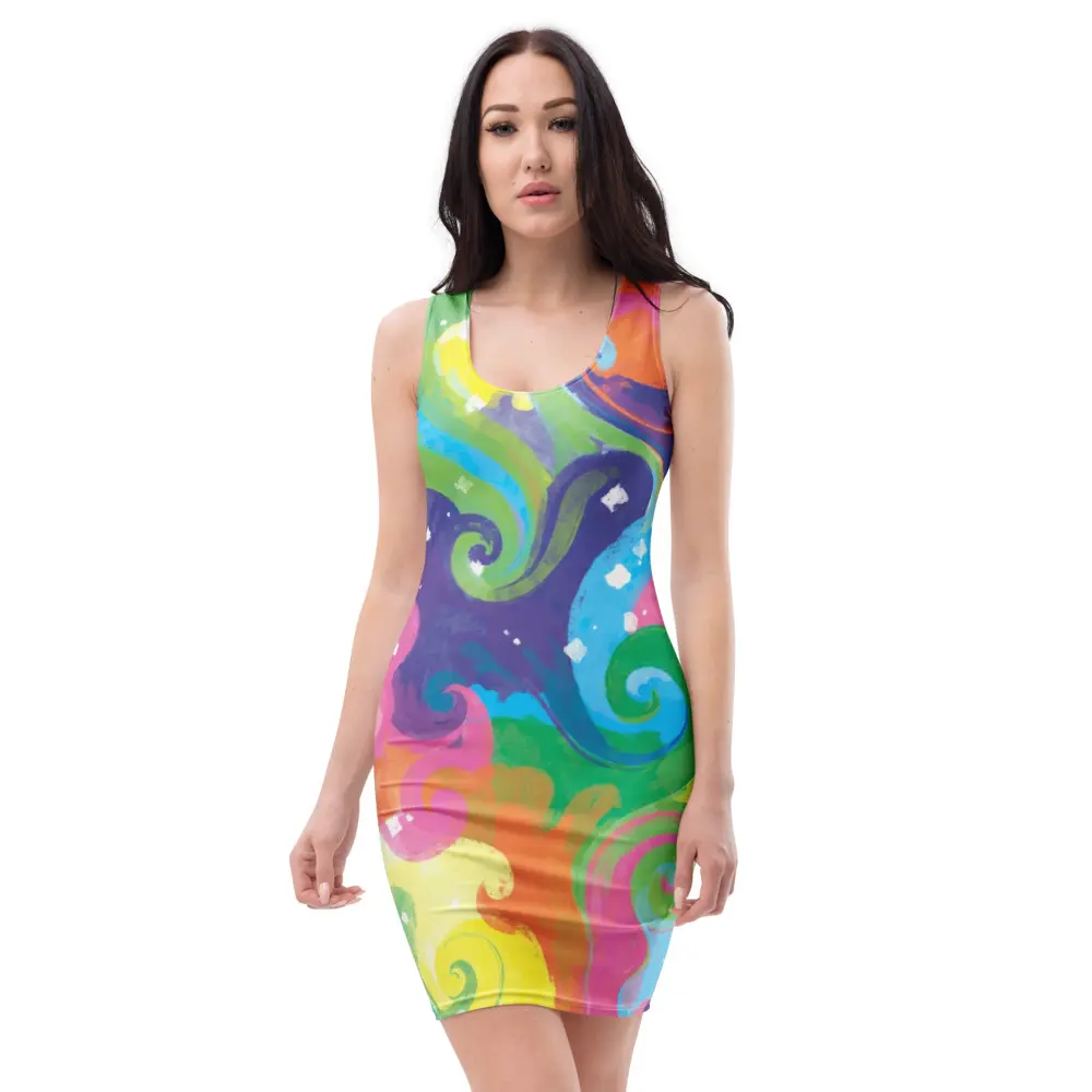 Rainbow Swirl Watercolor Bodycon Dress, Colorful Abstract Wave Fitted Sleeveless Dress, Bright Multicolor Racerback Dress, Trendy Bold Statement Dress, Chic Party Dress, Night Out Outfit, Gift for Her