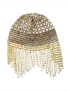 Vintage Hollow Out Colorful Beaded Fringe Hat, Handmade Bridal Accessory, Stage Performance Headband, Unique Wedding Decoration