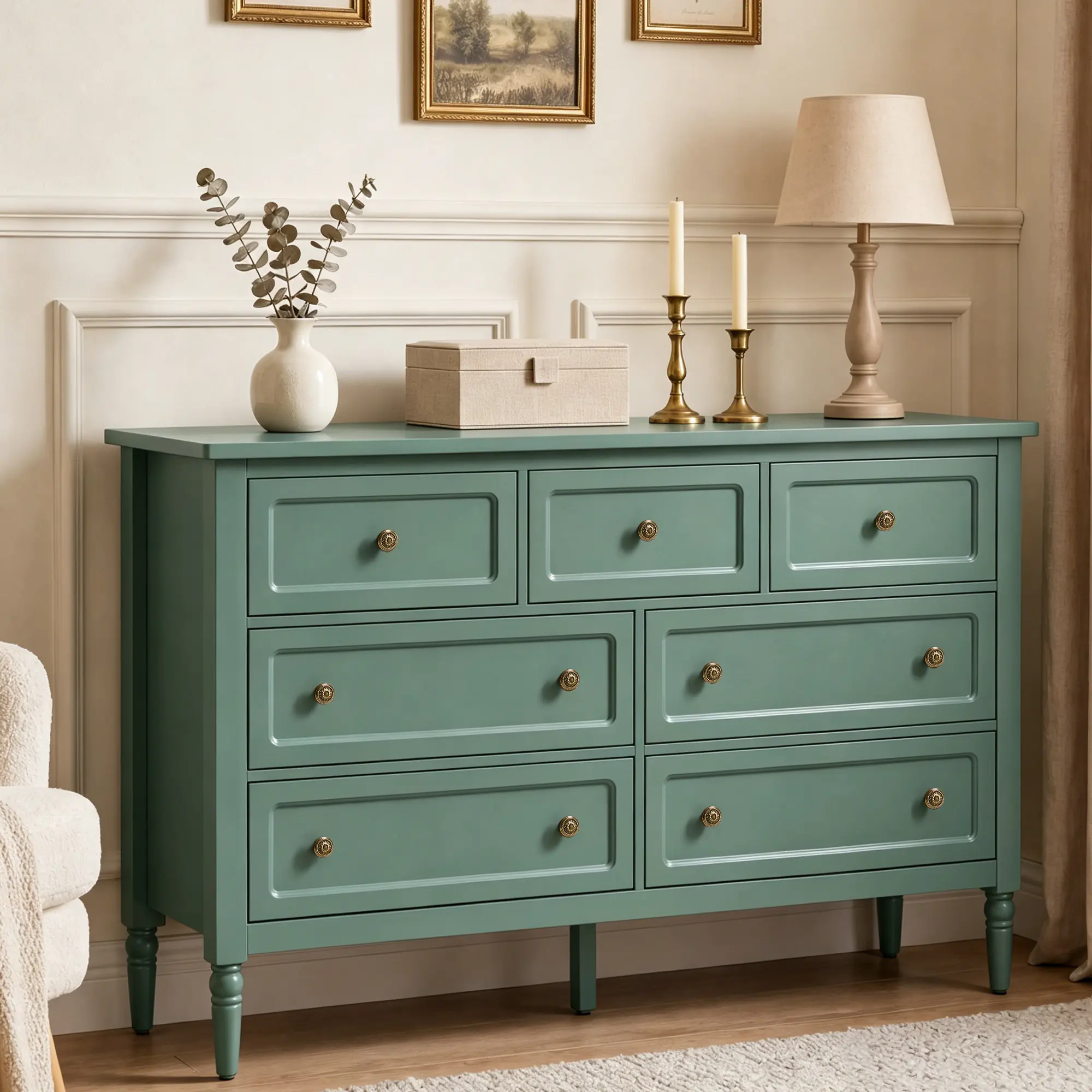 RoyalCraft Vintage Sturdy MDF 7-Drawer Dresser - Green, Solid Wood Legs Painted Finish Multiple Drawers Bedroom Furniture, Easy Setup Storage Cabinet for Bedroom, Hallway, 7 Drawers-Green, Single Unit