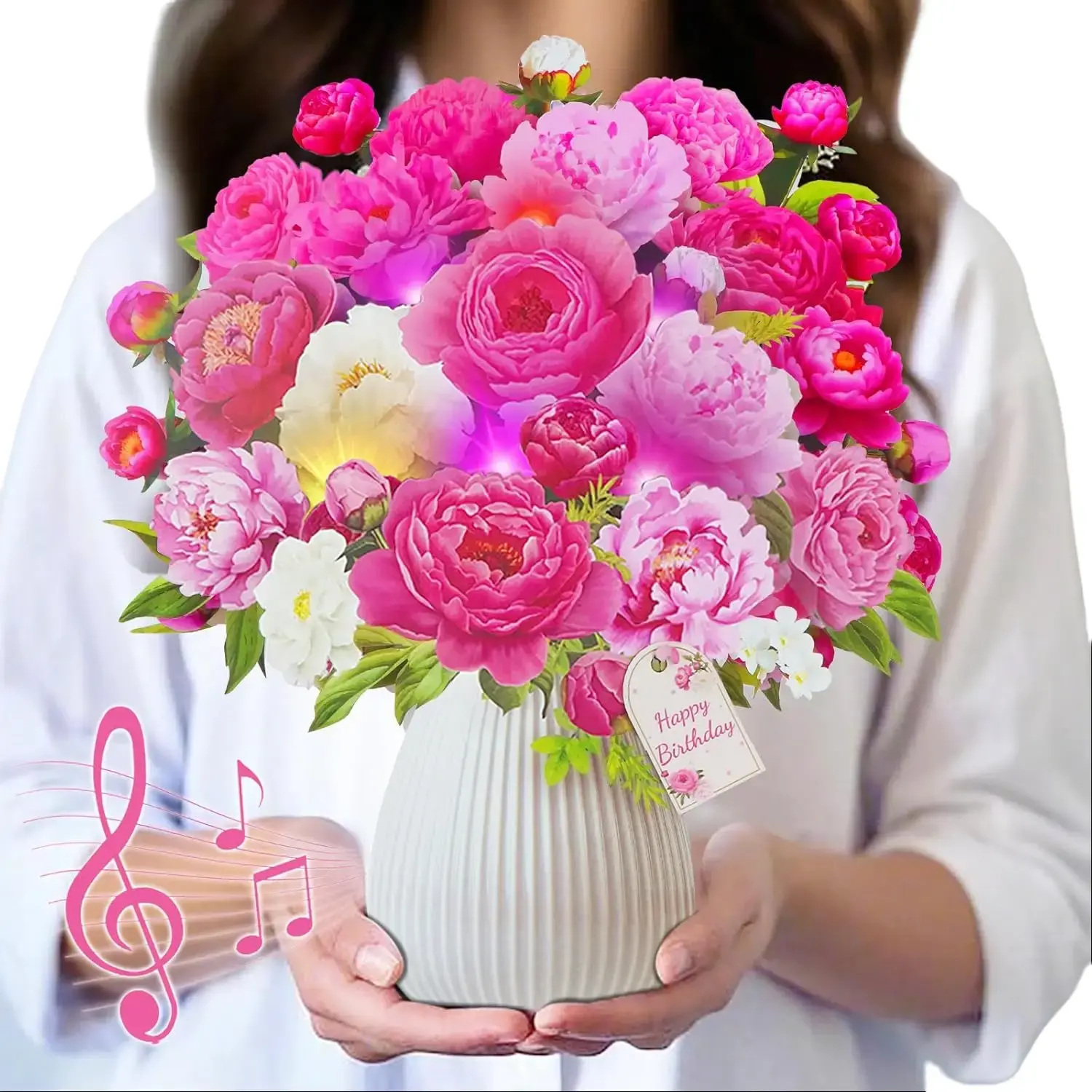 Birthday Pop-Up Card with Music & Lights, 10 Inch Forever Flower Bouquet Greeting Card, Pink Peony Design Gift for Women, Men, Mom, Dad, Parents, Grandparents, Family, Friends, Coworkers, Her and Him, Unique Birthday Surprise Present