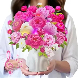 Birthday Pop-Up Card with Music & Lights, 10 Inch Forever Flower Bouquet Greeting Card, Pink Peony Design Gift for Women, Men, Mom, Dad, Parents, Grandparents, Family, Friends, Coworkers, Her and Him, Unique Birthday Surprise Present