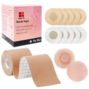 Boob Tape Kit for Breast Lift, 3Inch, with 2Pcs Silicone and 10Pcs Non-woven Nipple Covers, Push Up Boobytape for A-G Cup, Breathable and Invisible Adhesive for Backless Dresses and Strapless(Beige)