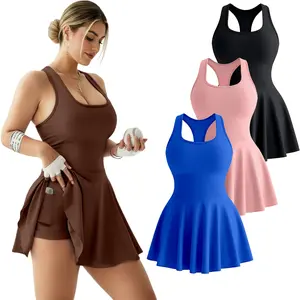 Women's High-Stretch A-Line Dress with Pockets Flattering Slim Fit Round Neck Side Pocket Machine Washable Casual to Semi-Formal Black Dress for All-Season Wear Sleeveless 2-in-1 Athletic Tennis Golf Dress