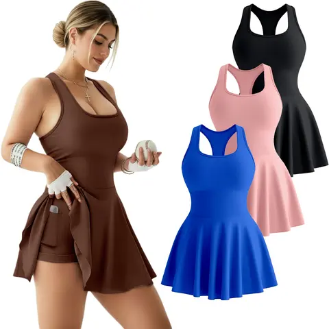 Women's High-Stretch 2-in-1 A-Line Sleeveless Tennis Dress - Round Neck, Side Pockets, Slim Fit, Quick Dry, Above-the-Knee, Extra Coverage, Machine Washable, Universal Tank Top Tennis Attire for All-Season Sports