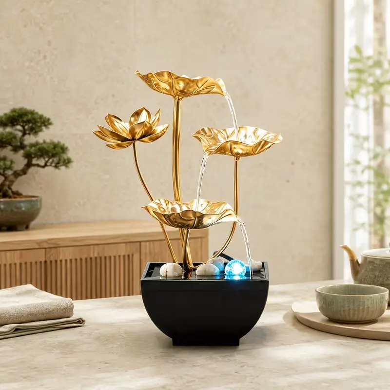 USB Electric Desktop Indoor Waterfall - Gold Lotus Metal Craft Water Feature with LED Lights, Zen Stress-Relief Home Decor for Home & Office, Chic Yoga Gift