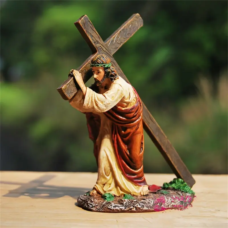 [Vibrant Spring Easter Decor] Vibrant Spring Easter Table Decor - Resin Jesus Carrying Cross Figurine Tiered Tray Centerpiece - Perfect for Home & Party Decoration, Religious Decor fake  flowers religious ornament home laundry room 12  rose  bouquet baby