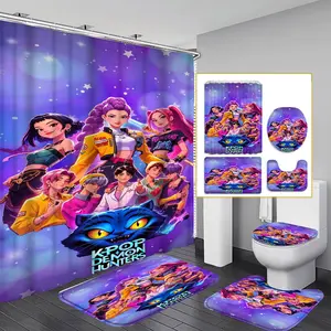 4-Piece Modern Bathroom Curtain Set, Colorful Background Shower Curtains, Includes 12 Hooks, Non-Slip Toilet Mat & U-Shaped Seat Cover