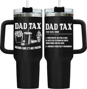 40oz Insulated Portable Stainless Steel Tumbler Water Bottle with Handle, Straw, Lid - Dad Tax Funny Drinkware - Father's Day, Birthday Gift for Dad, Insulation