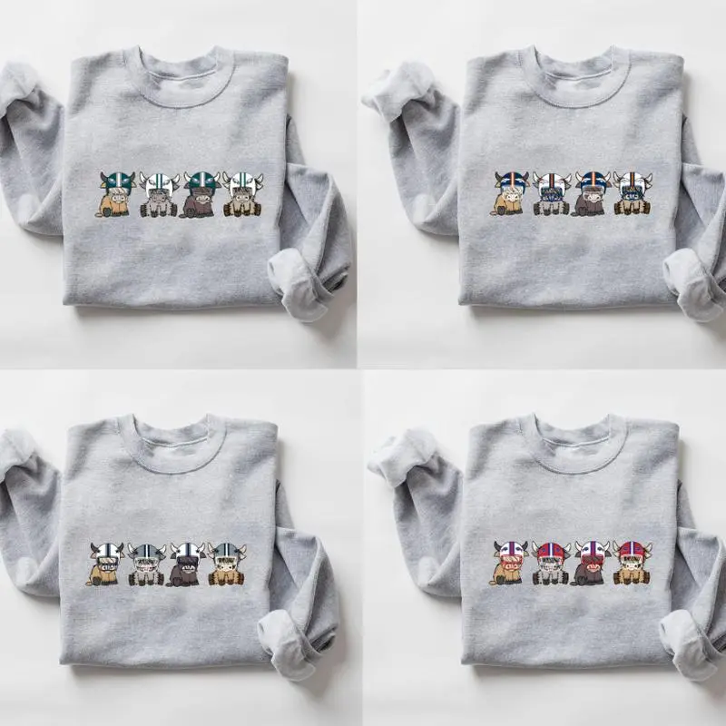Vintage 90s All Team Football Highland Cow Sweatshirt, 1960s Game Day Shirt, Unisex Football Fan Gift Sweater Sport Grey For Women - Menswear