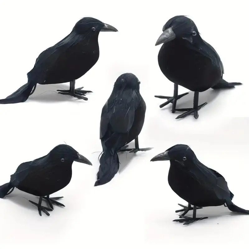 Lifelike Raven Set, Vintage Style Artificial Feather Decor Props, Realistic Plastic Crows for Halloween Party Indoor Decoration, Decorative Hanging Ornaments