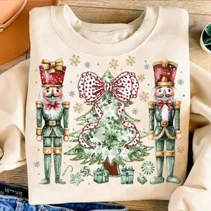 Colorful Gold Glitter Chinoiserie Christmas Tree Sweater, Coquette Green Millennial Christmas Shirt, Christmas Nutcrackers Hoodie