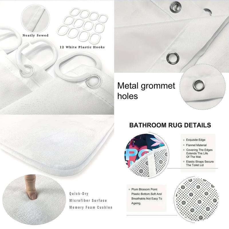 K-POP Demon Hunters Bathroom Set, Including Shower Curtain with 12 Hooks, Non-Slip Bath Rug, U-Shaped Toilet Mat, Toilet Lid Cover, Bathroom Decoration Accessories