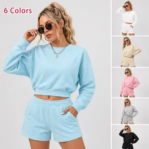 Women’s Casual Long Sleeve Sweatshirt and Shorts Set, Relaxed Two-Piece Lounge Outfit with Crew Neck Pullover and Drawstring Shorts for Spring, Summer and Fall