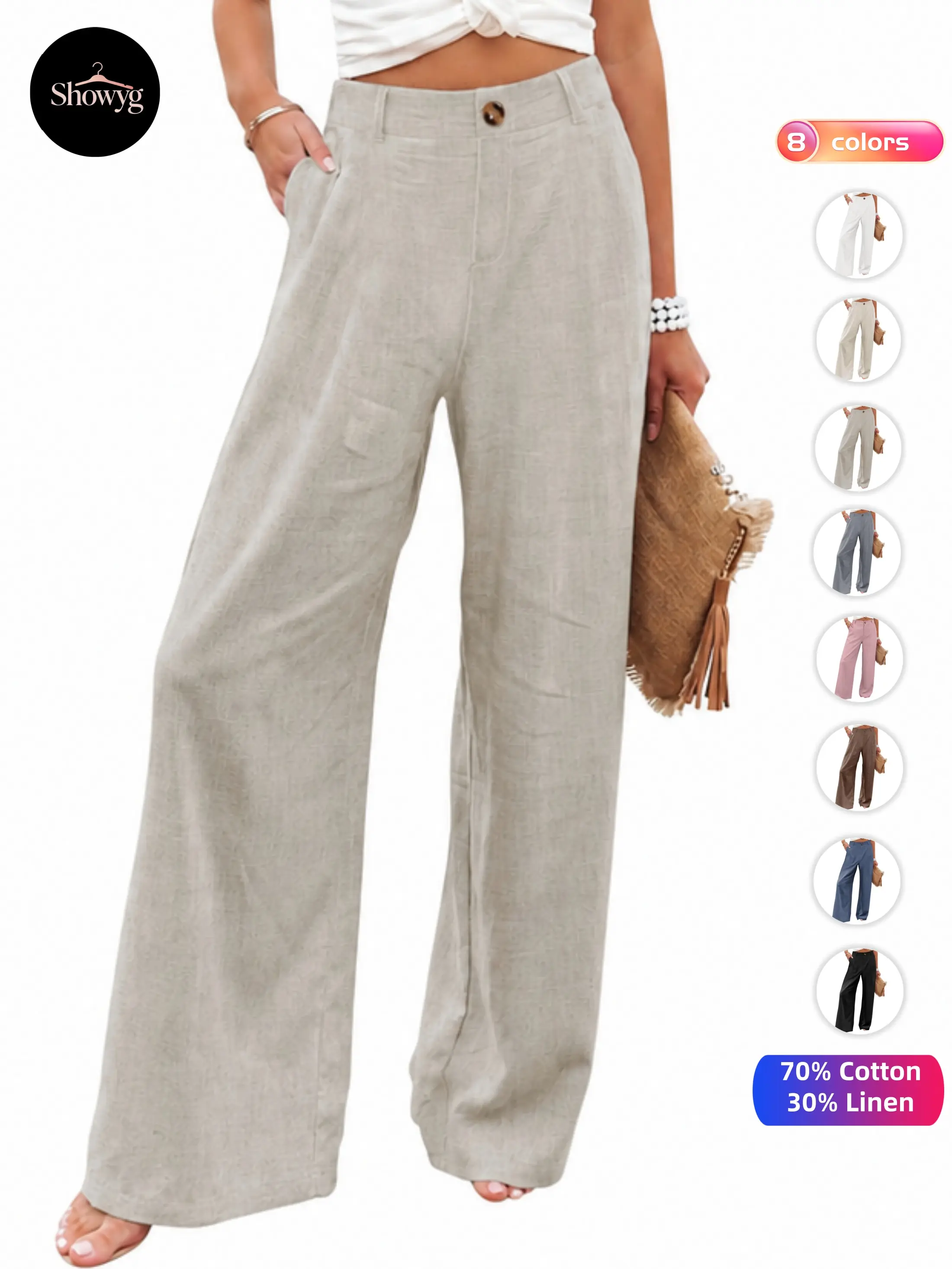 Showyg Women's Linen Pants, Casual High Waist Wide Leg Fit with Pockets, 70% Cotton 30% Linen for All Seasons Business Wear, Bottoms, Loose, Linen Pants Women