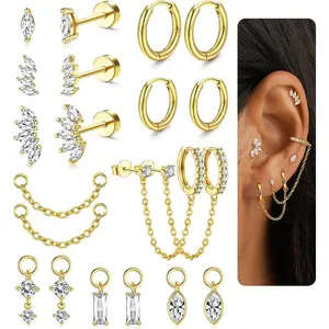 Fansilver Gold Earring Stacks for Women - Hypoallergenic Flat Back Stud & Hoop Earrings Set - Surgical Steel Cartilage Chain Earrings with CZ Charms - Dainty Tragus Huggie Earring Sets for Multiple Piercing