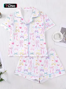 Women's 2-Piece Pajama Set, Loungewear, Cartoon Butterfly Print, Casual Fitted Top & Elastic Shorts, Comfortable Sleepwear for Home & Parties