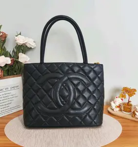 Pre-owned CHANEL Vintage Medallion Tote Black Caviar Leather Top Handle Bag