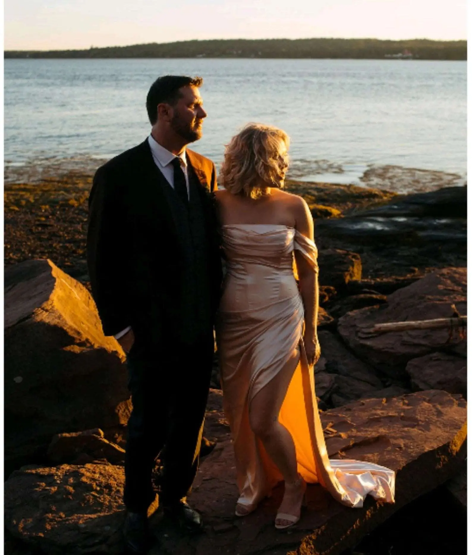 Women's Elegant Fit-and-Flare Leena Pleated Drape Wedding Dress - Champagne Satin Gown with Slit, Elegant Wedding Dress, Champagne Satin Dress
