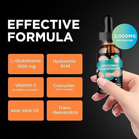 Liposomal Glutathione Supplement - 2000mg Glutathione Liquid Drops with Vitamin C, Curcumin & Trans-Resveratrol - Powerful Antioxidant for Immune, Skin Health, Aging Defense & Liver Detox - 2 Fl Oz