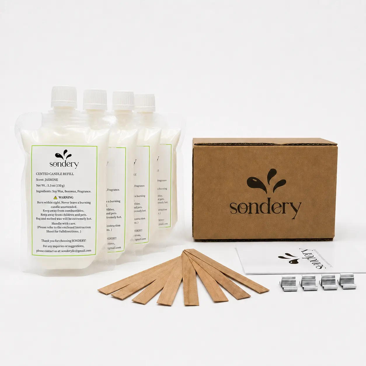 SONDERY Scented Candle DIY Refill Kit - 600g Natural Wax | Premium Soy & Beeswax Blend for Aromatherapy. Includes 4 Wax Bags, 8 Wooden Wicks & 4 Metal Bases. Beginner-Friendly Crafting Supplies, 5 Scents.