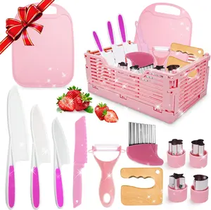 Mothers Day Gift Kids Kitchen Knife Set for Real Cooking & Basket, Easter Basket Stuffers Gifts for Kids,Montessori Toys for 3 4 5 6 7 8 9 10 Year Old Girls Birthday Gifts, Toddler Knife Set, Toddler Kitchen Tools