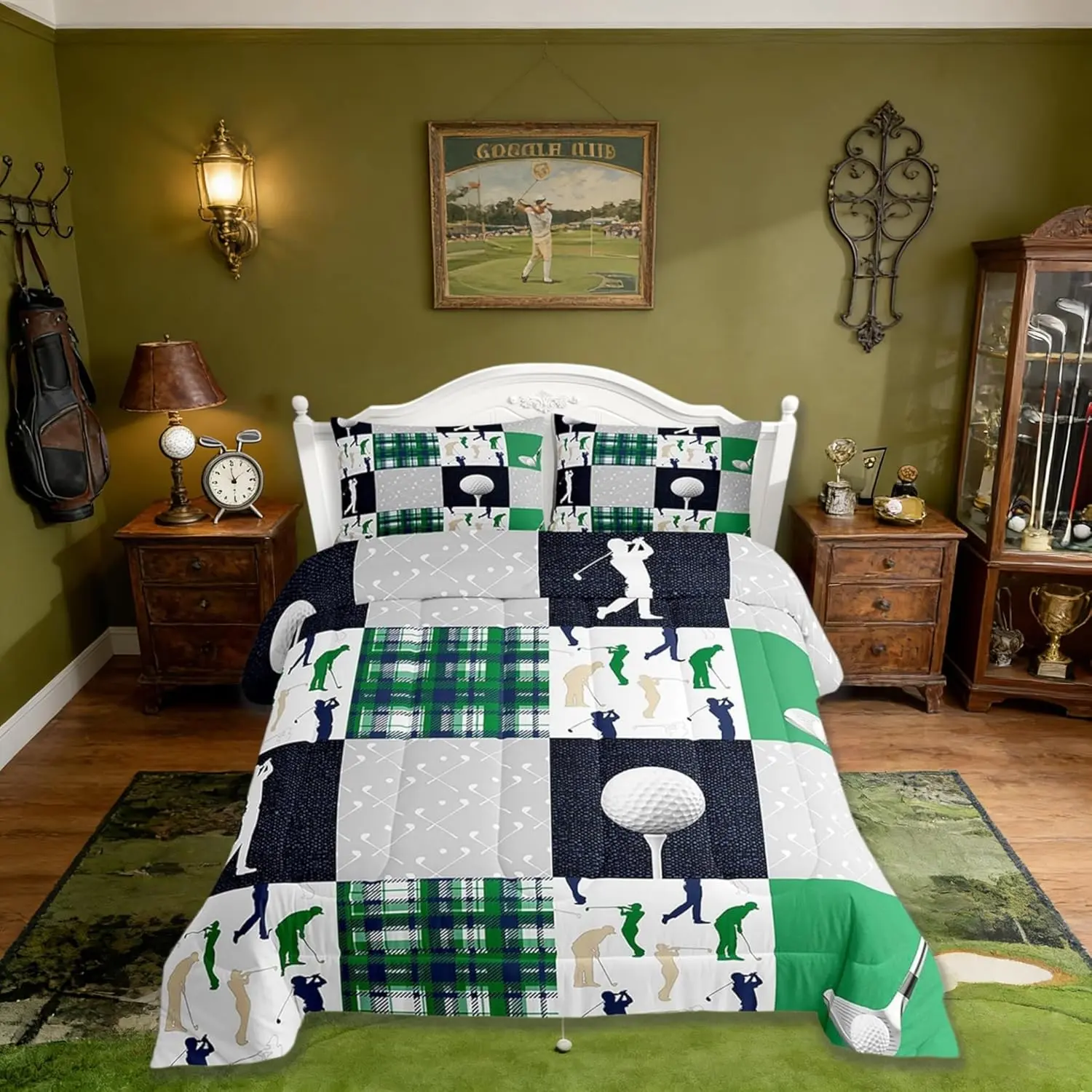 Golf Plaid Comforter Set,Green Buffalo Grid Geometric Bedding Set Men,Ball Sports Lover Style Quilted Duvet Set