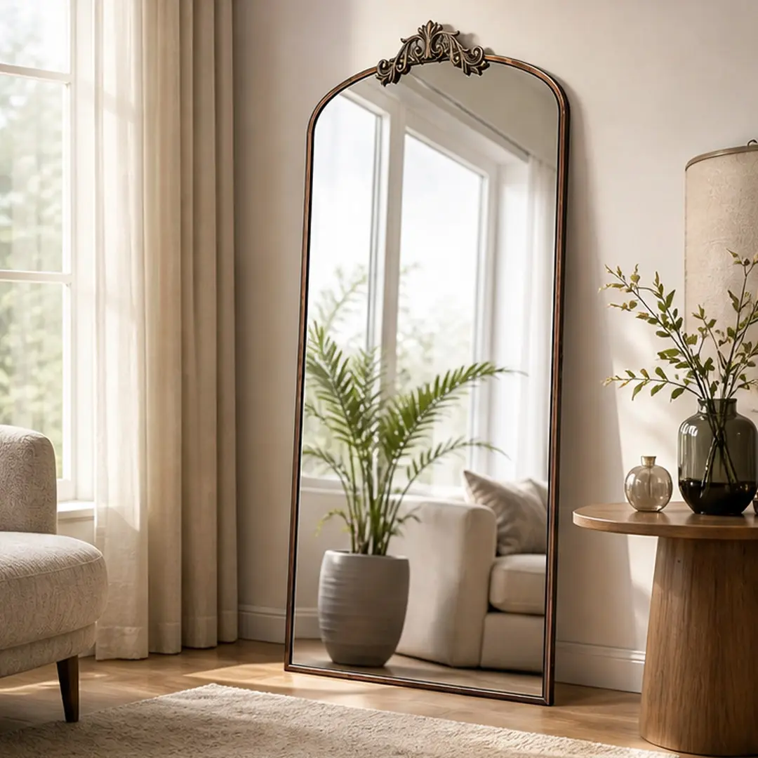ARCH Full Length Mirror 36x66 Inch Vintage Ornate Arched Floor Mirror Metal Framed Dressing Mirror Oversized Wall Mounted Mirror for Entryway Living Room Bedroom Clothing Shop Antique Bronze, Brown+Antique Bronze Color Options, Metal Material