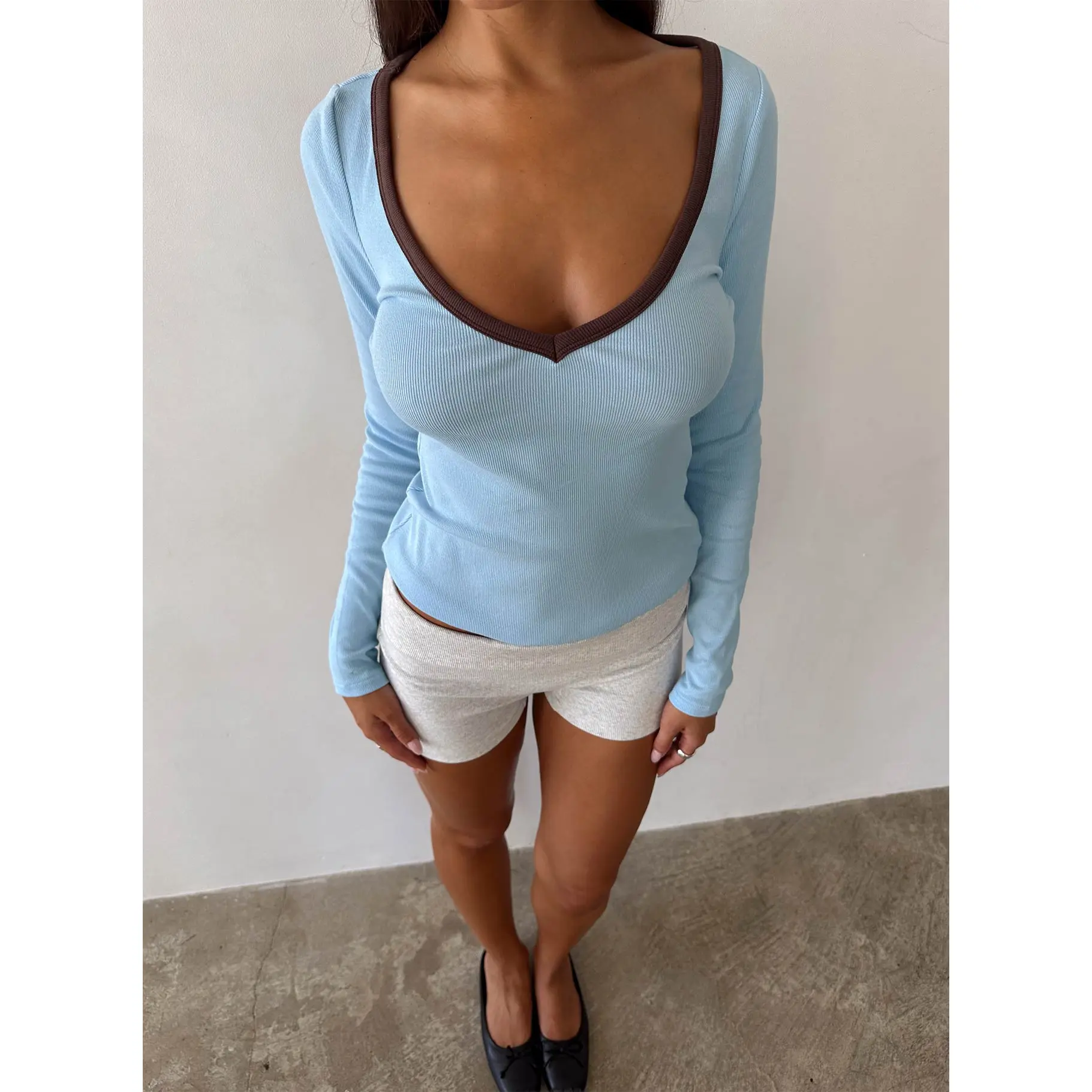 Baseline V Neck Long Sleeve Top Blue / Brown