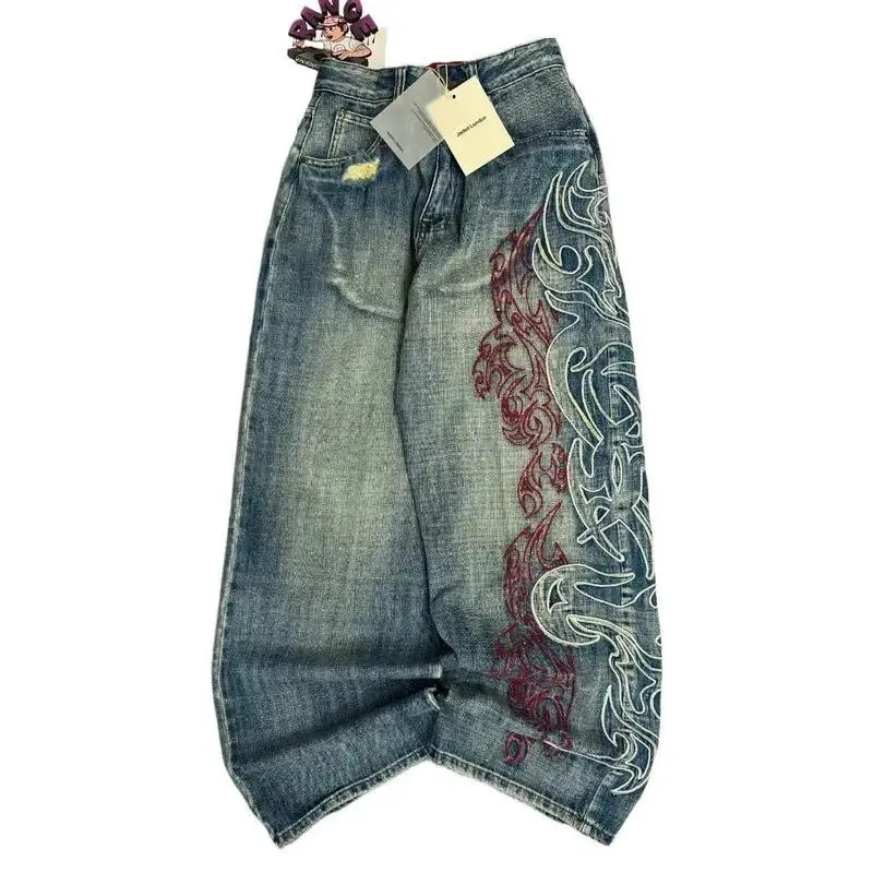 Unisex Baggy Wide Leg Vintage Faded Blue Denim Jeans, Distressed Pocket Rip, Full Side Two-Tone Tribal Flame Embroidery, Retro Gothic Y2K Harajuku Hip Hop Streetwear Relax Fit Denim Pants for Men Women