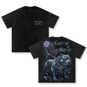 Control The Beast Oversized Washed T-Shirt, Grim Reaper Pitbull Graphic Tee Dark Gothic Streetwear Workout Shirt for Men