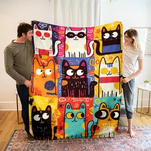 Soft Flannel Cat Puzzle Blanket, Modern Polyester Fiber Throw for Bed Sofa Outdoor Travel Gift, Ideal for Cat Lovers